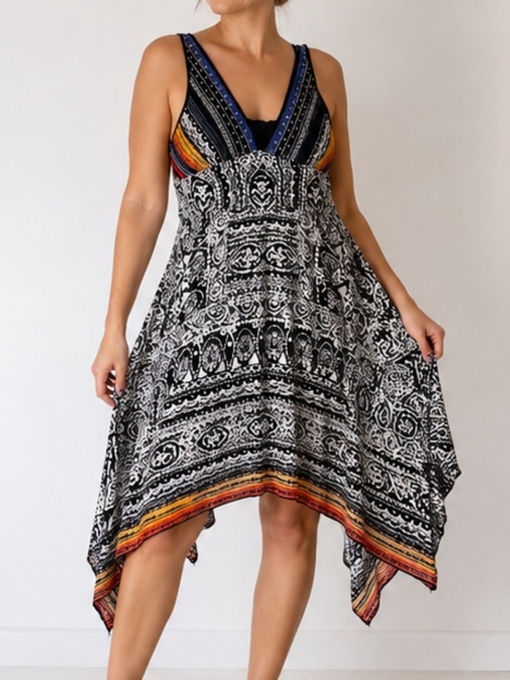 Angie Black with Multicolor Trim Handkerchief-Hem Swim Coverup